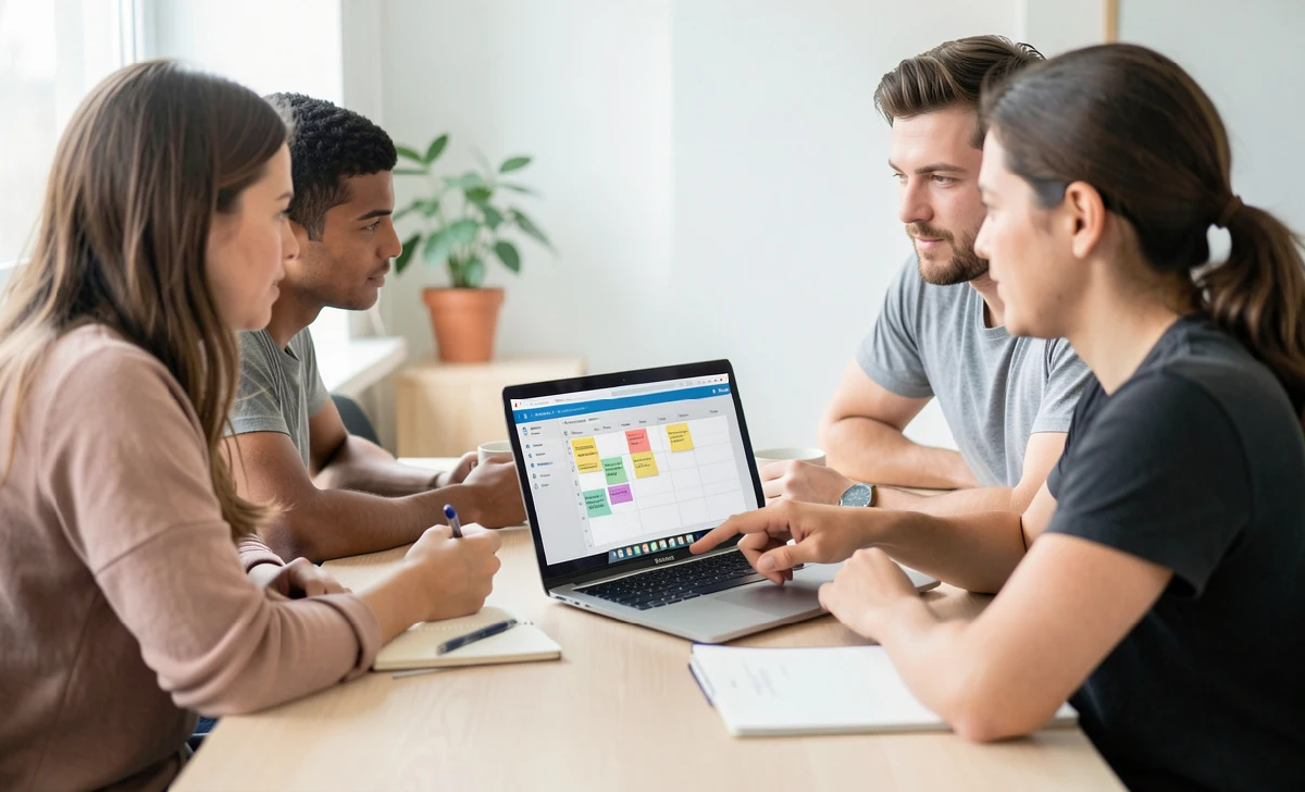 Small team reviewing a shared task board on a laptop in a calm, organized workspace