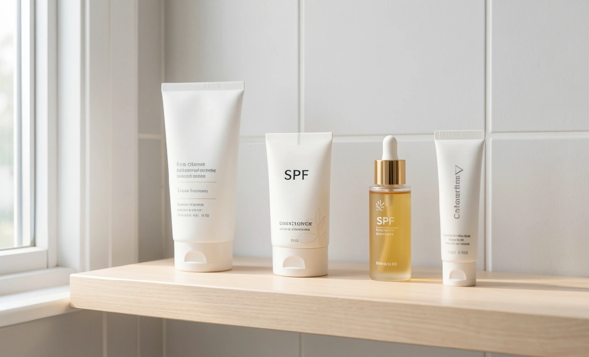 Minimal skincare shelf with cleanser SPF and serum representing a simple beauty routine

