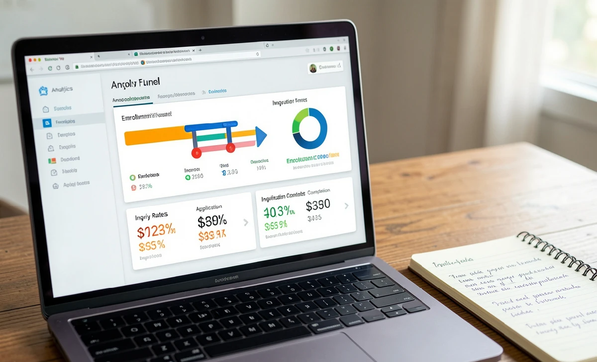 Enrollment marketing analytics dashboard showing inquiry and application data on a laptop screen
