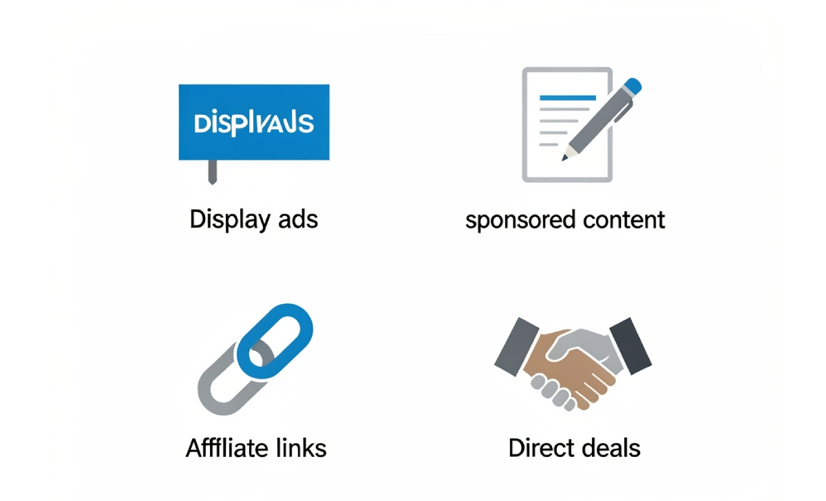 Four main revenue streams for Hindi news websites including display ads, sponsored content, affiliate links, and direct brand deals