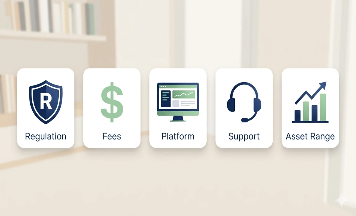 Checklist infographic showing five key factors for choosing a financial broker