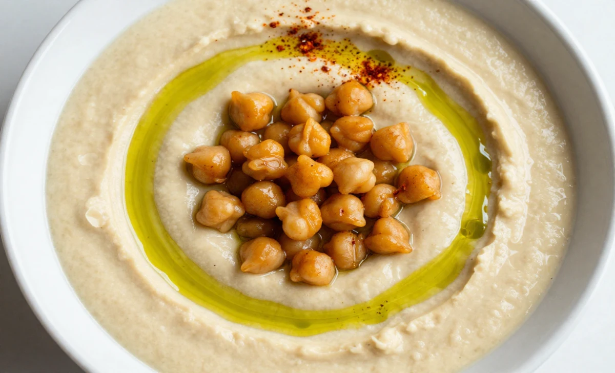 A bowl of creamy hummus soup topped with crispy chickpeas and a drizzle of olive oil
