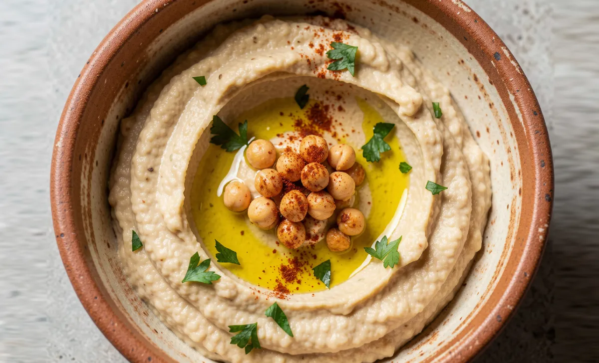A bowl of creamy hummus soup topped with crispy chickpeas, olive oil drizzle, and fresh parsley
