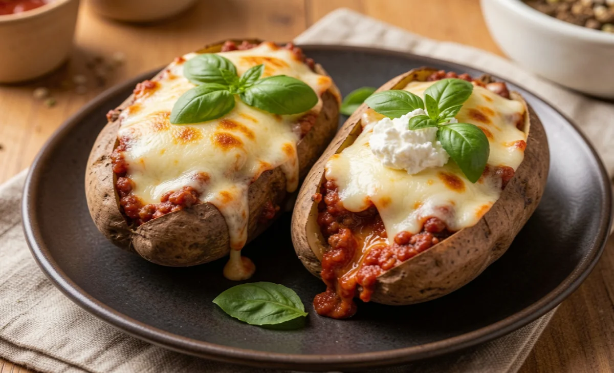 Lasagna baked potatoes loaded with meat sauce, ricotta, and melted mozzarella on a dark plate 