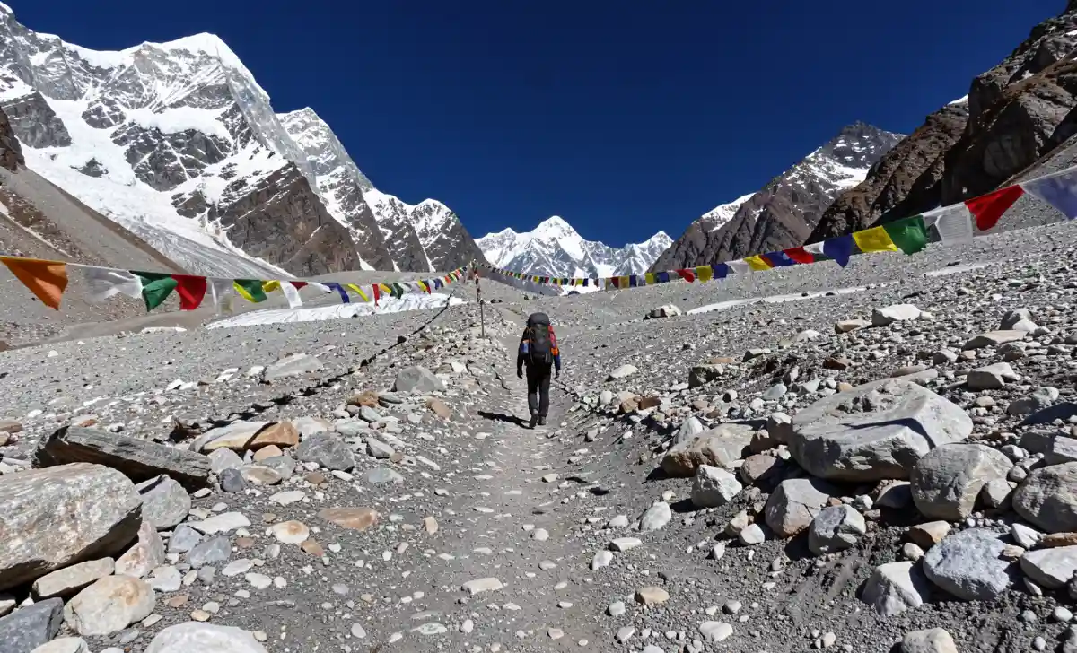 Trekker walking the moraine trail toward Lobuche Peak Base Camp