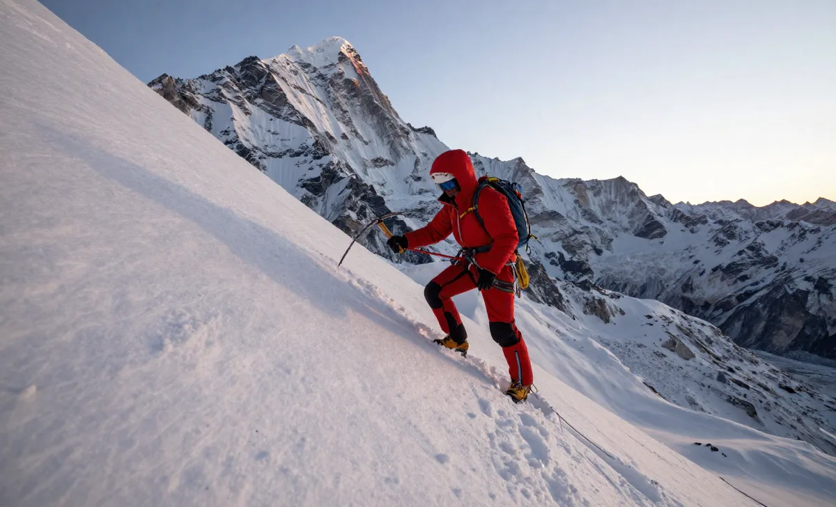 Climber on the snow ridge of Lobuche East at sunrise with Everest in the background