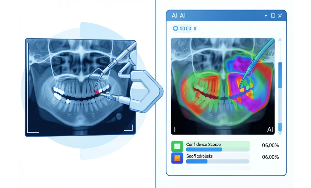 AI system analyzing a dental X-ray with color-coded overlays highlighting areas of concern
