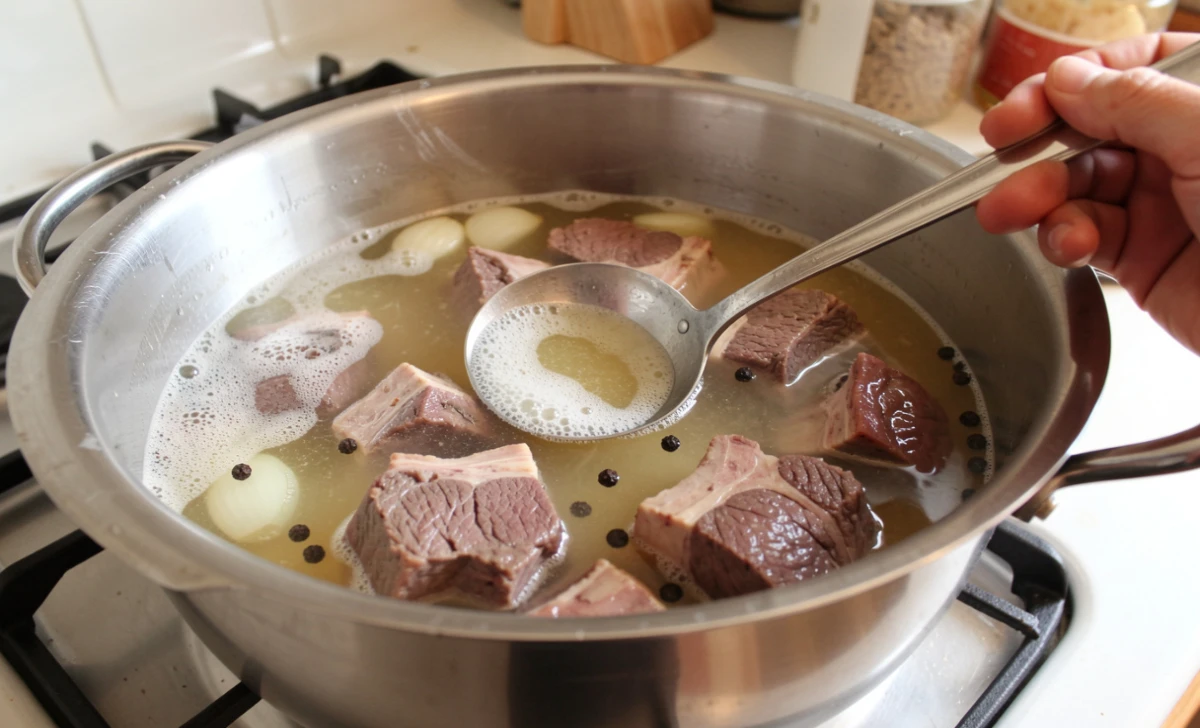 Beef shank simmering in a pot with clear broth, onion, and peppercorns for authentic nilagang baka