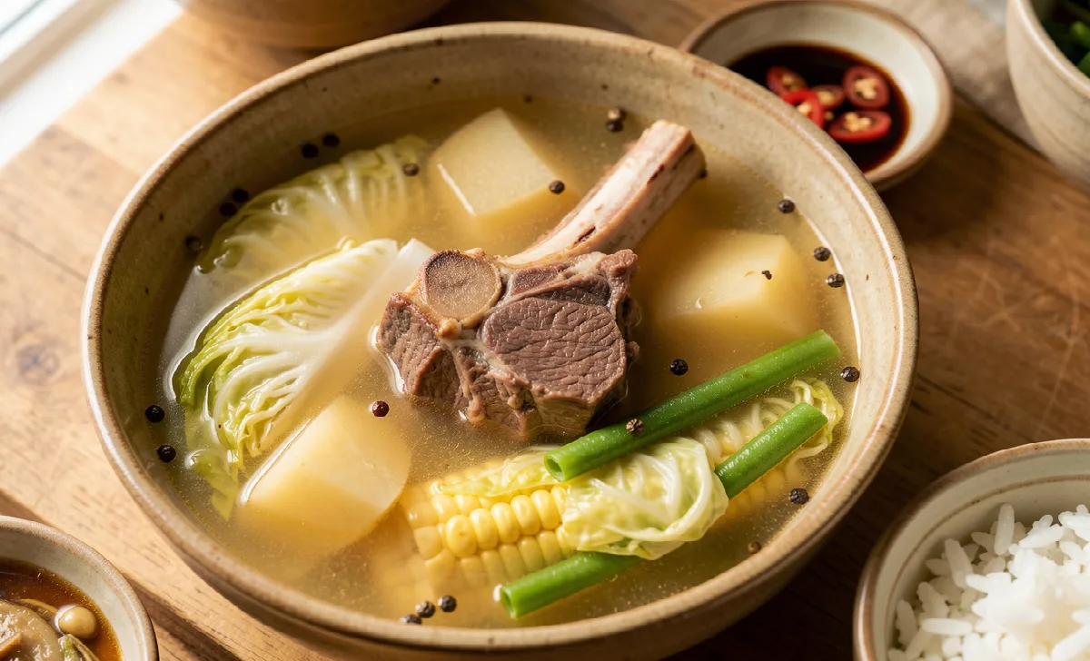 A bowl of nilagang baka Filipino beef soup with tender beef shank, potatoes, corn, cabbage, and clear golden broth