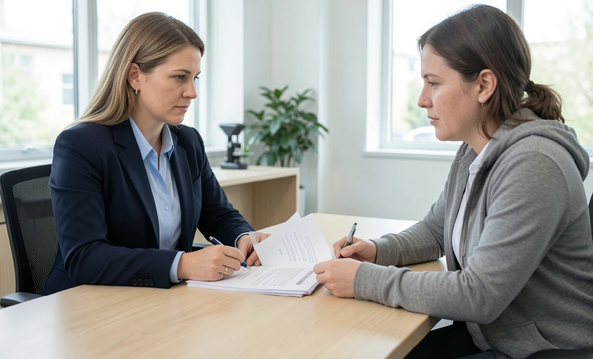 A neutral official reviewing a citizen's complaint documents at a desk in a modern office