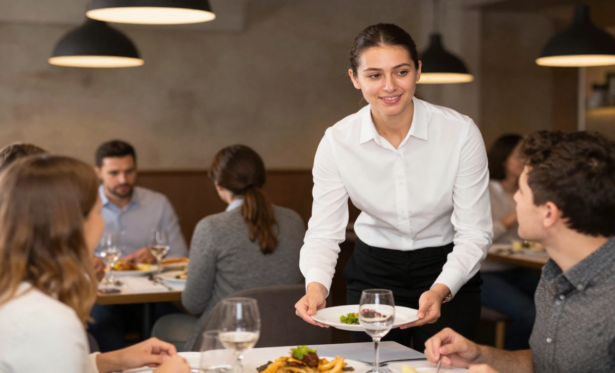 Server carrying plates to guests in a busy restaurant