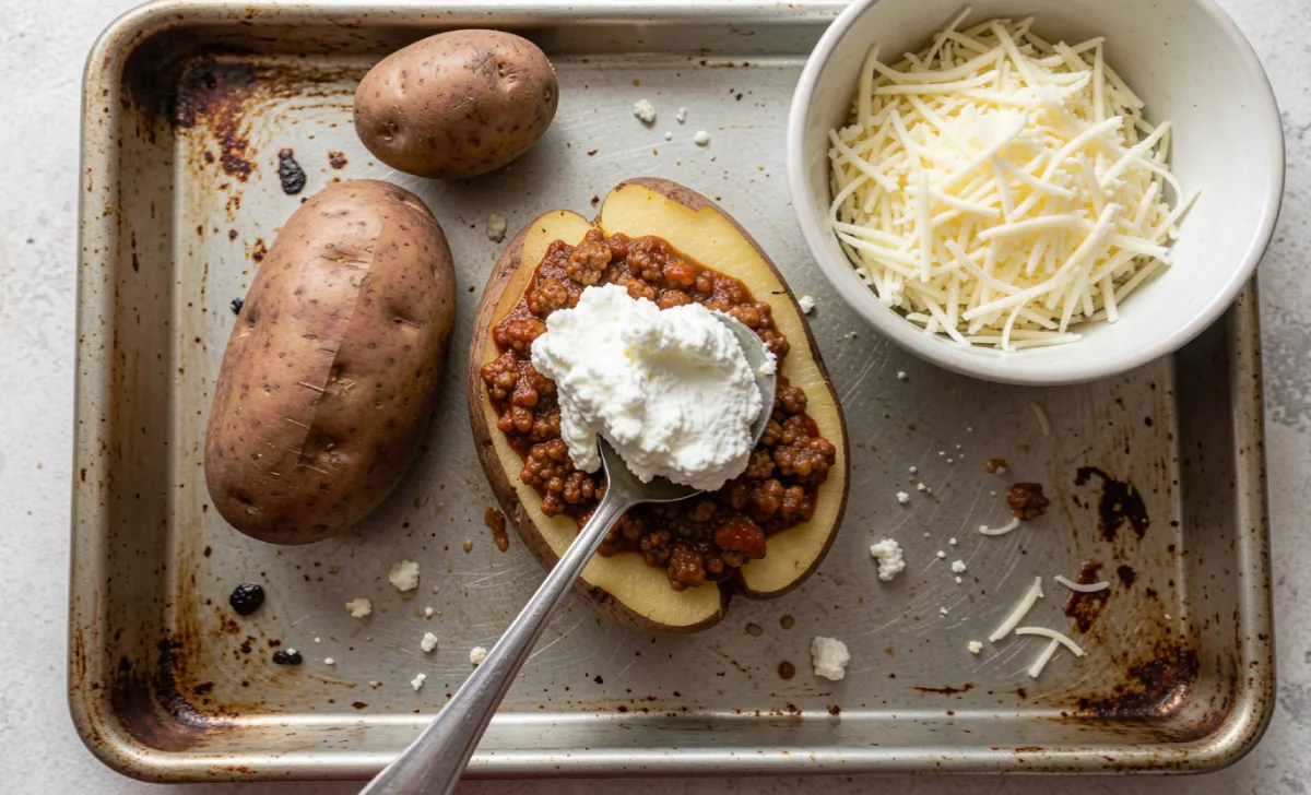 Assembling easy stuffed baked potatoes with ricotta and meat sauce on a baking sheet