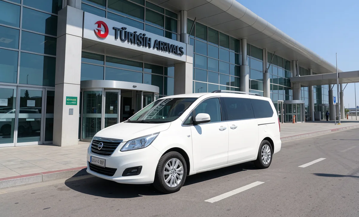 A white minivan parked outside a Turkish airport arrivals terminal for a door-to-door shuttle transfer