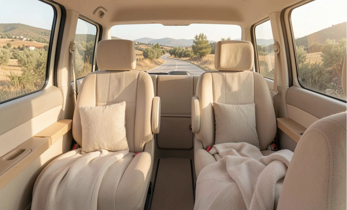 A white minivan parked outside a Turkish airport arrivals terminal for a door-to-door shuttle transfer