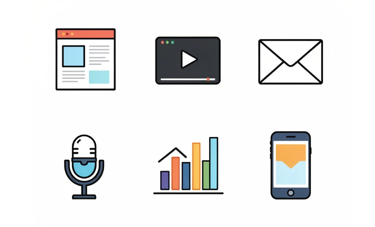 Six types of content marketing including blogs, video, email, podcasts, infographics, and social media