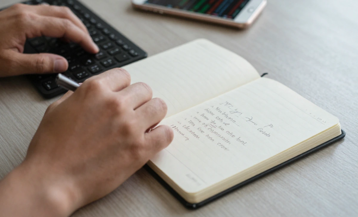 Beginner trader taking notes beside a phone showing a trading chart while using Ziimp .com trading