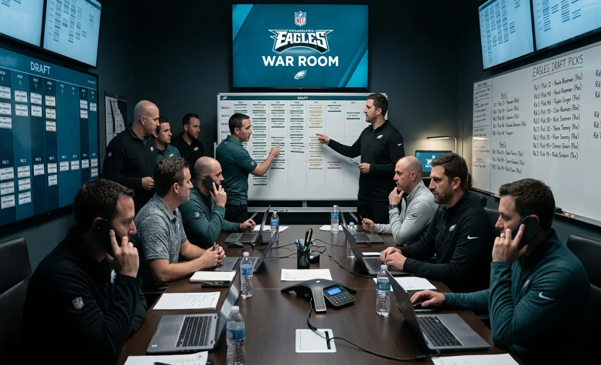 Eagles front office reviewing rookie trade options during 2025 NFL Draft