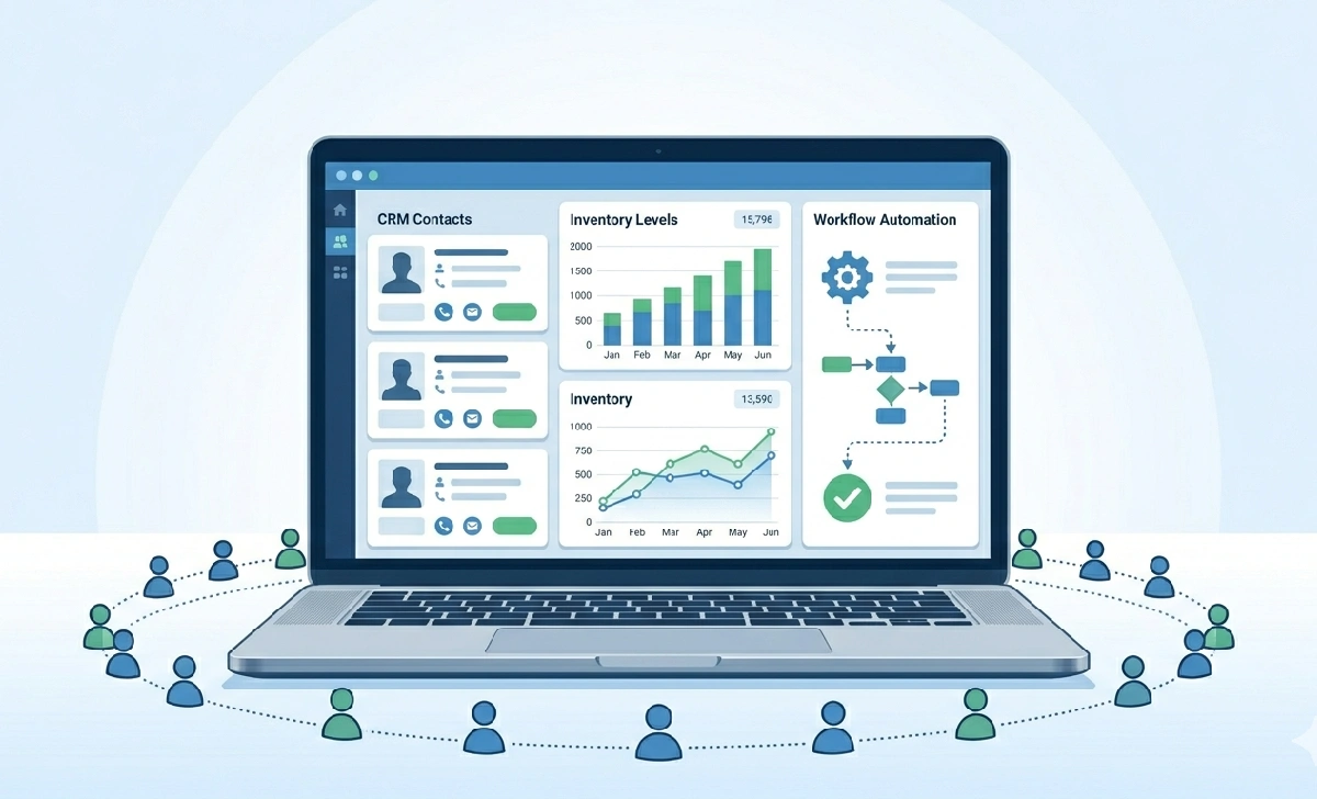 Erpoz business management platform dashboard showing CRM, inventory, and workflow tools