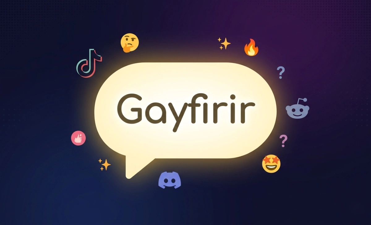 Glowing chat bubble with the word Gayfirir surrounded by social media icons on a dark background