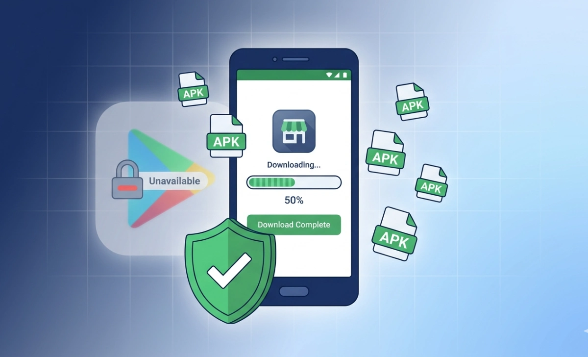 Android phone safely downloading an APK file from GetAPKMarkets.com