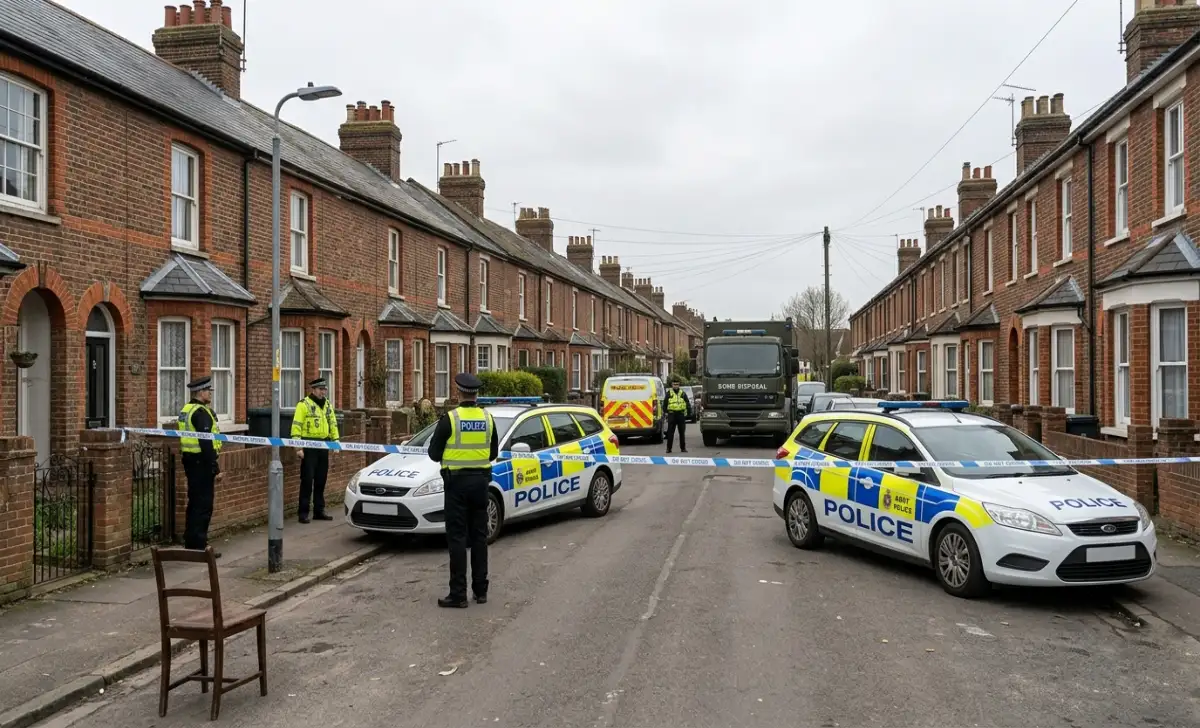 Police cordon and bomb disposal vehicle on a residential street in Hersden Canterbury after IEDs were found in 2025