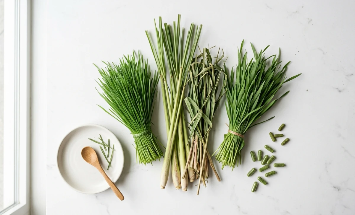 Flat-lay of real supergrasses including wheatgrass and lemongrass alongside supplement capsules