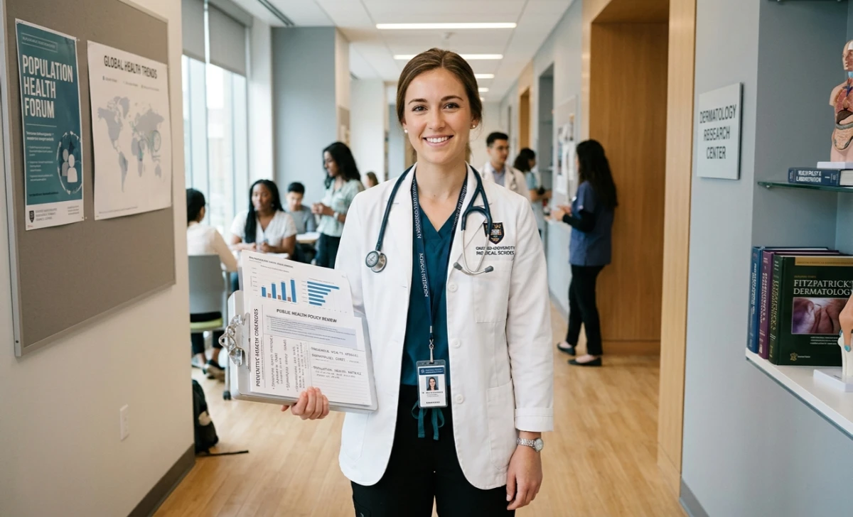Mackenzie Joe MD-MPH candidate at McGovern Medical School in a clinical setting with public health materials