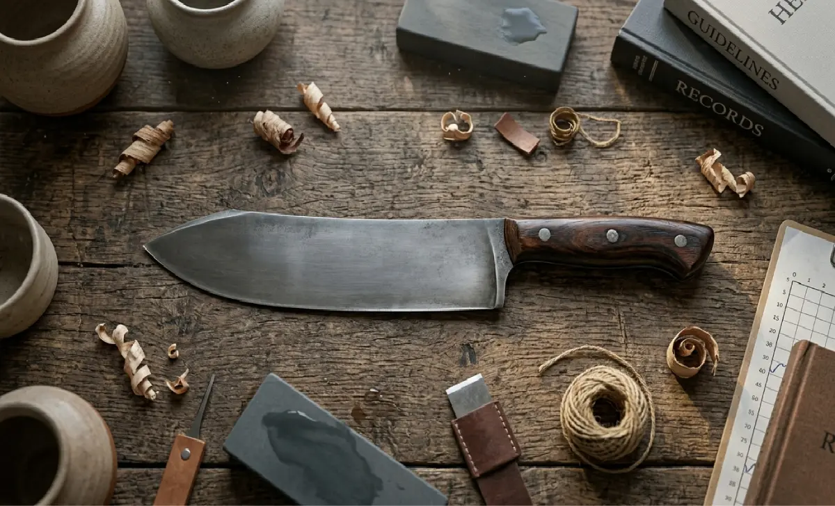Traditional messeregge knife resting on a wooden workbench with a whetstone and wood shavings nearby