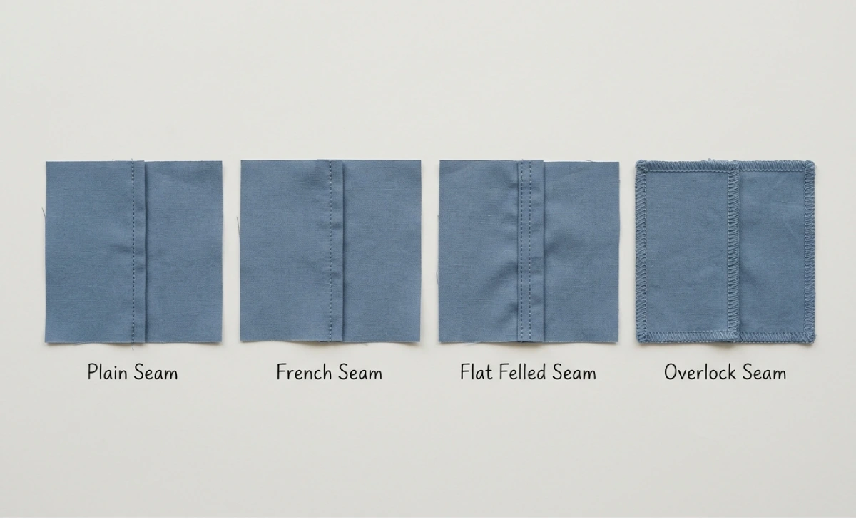 Four common Nahttypen shown side by side on fabric swatches — plain seam, French seam, flat felled seam, and overlock seam