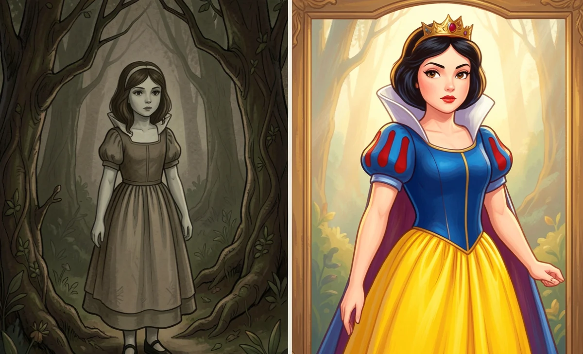 Split illustration showing Snow White character evolution from the dark 1812 Brothers Grimm version to the modern 2025 Disney remake