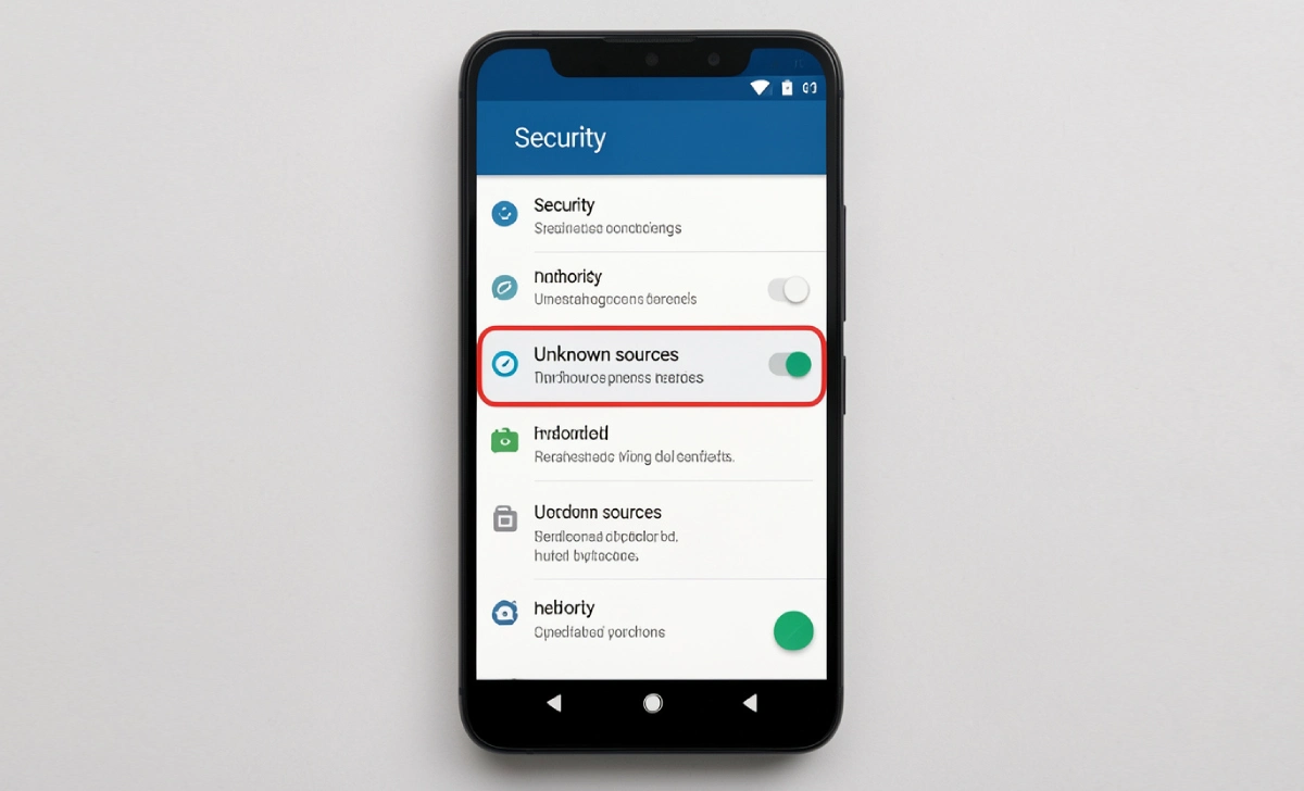 Android security settings screen showing how to enable unknown sources for APK installation