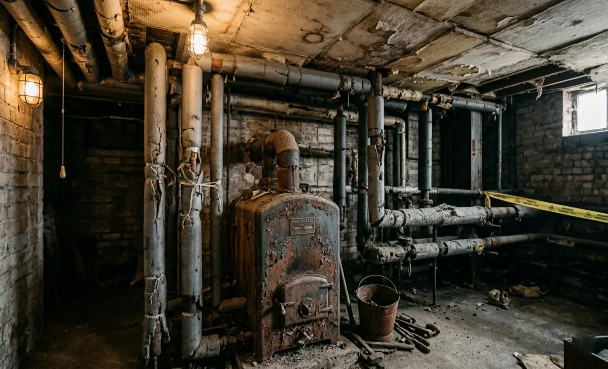 Old pipe lagging and deteriorating insulation boards in a residential basement where asbestlint is commonly found