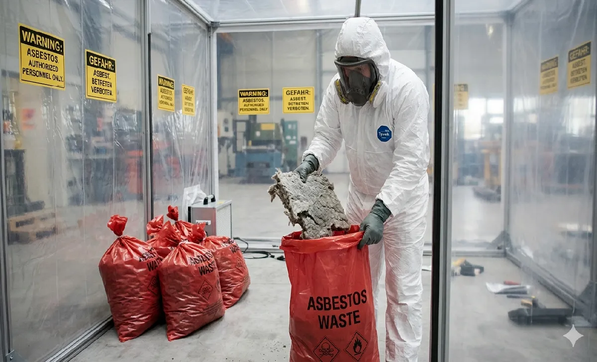 Certified abatement worker in full protective gear safely removing asbestlint materials inside a sealed containment area