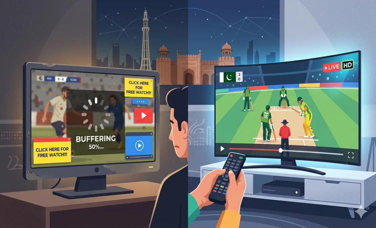 Split screen comparing free Crackstreamz alternatives with buffering ads versus clean paid sports streaming apps