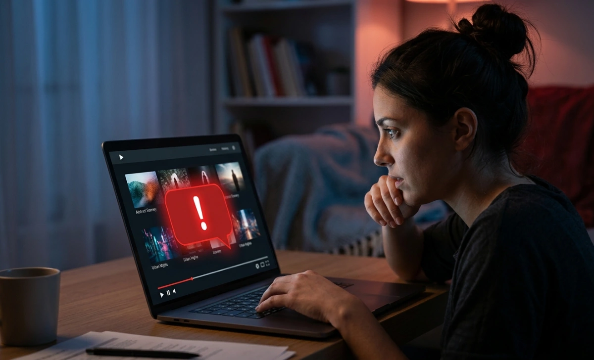 Person looking at a laptop screen showing a pop-up warning while using a free streaming site