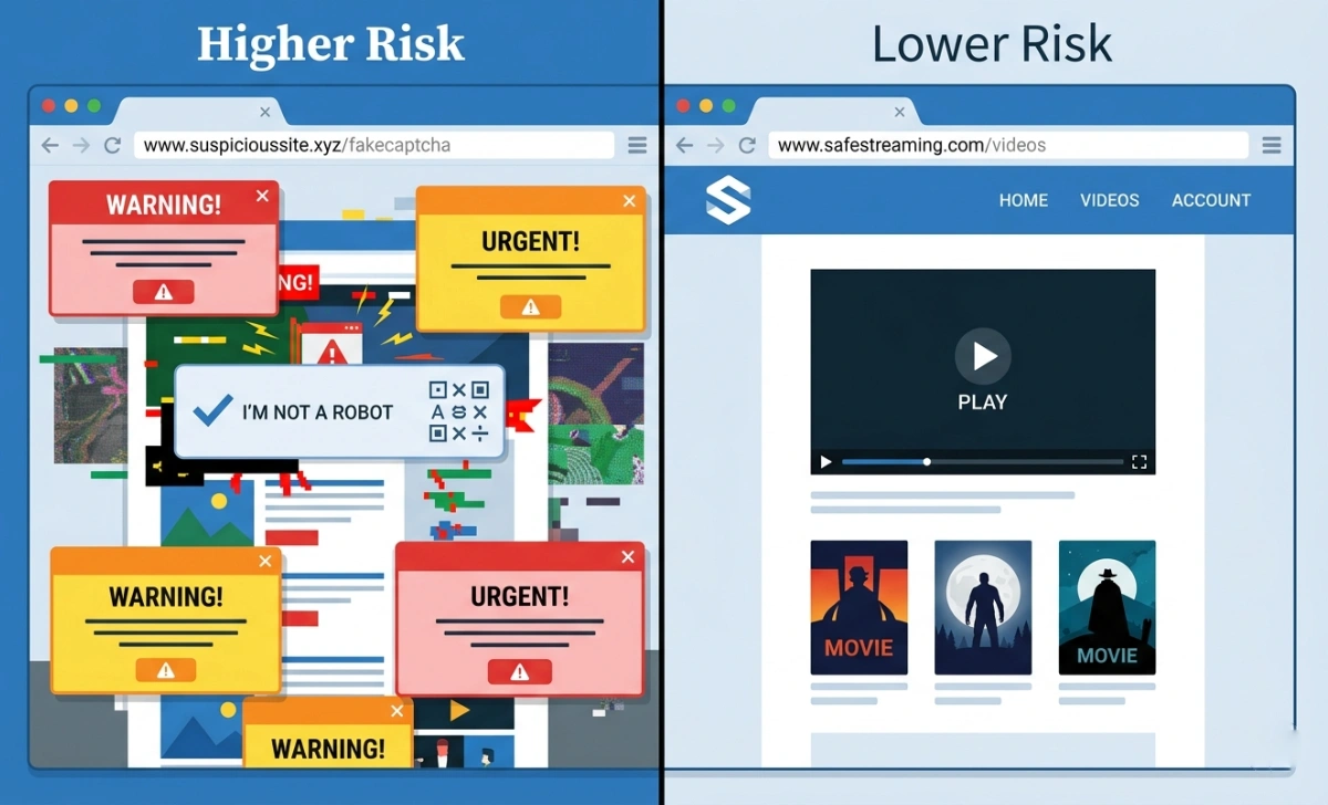 Side-by-side comparison of a high-risk free streaming site with pop-ups versus a clean, safe streaming platform