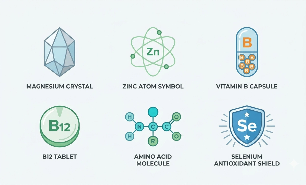 Infographic showing key ingredients in Depomin82 including magnesium, zinc, B vitamins, and selenium