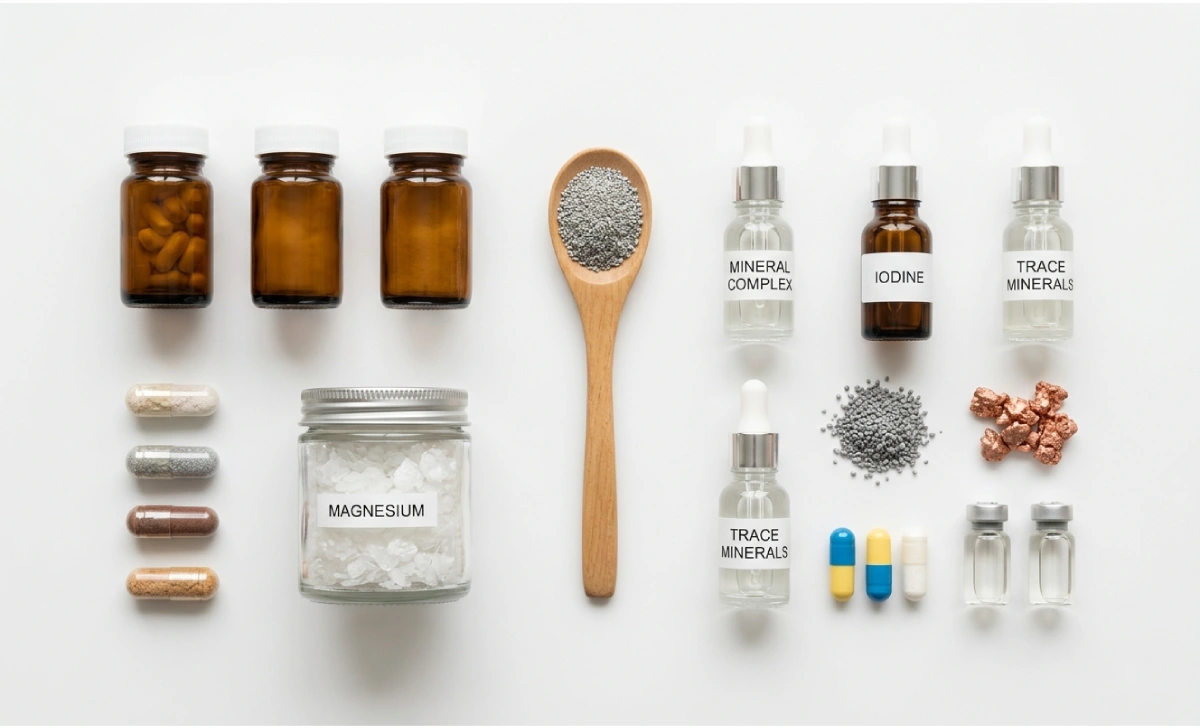 Depomin82 supplement capsules and mineral ingredients on white surface
