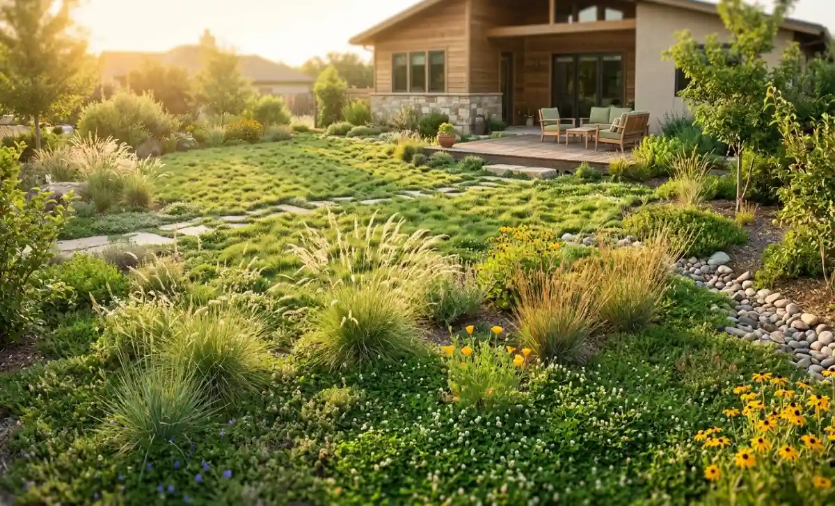 A sustainable residential garden featuring low-maintenance native grasses and drought-tolerant ground cover