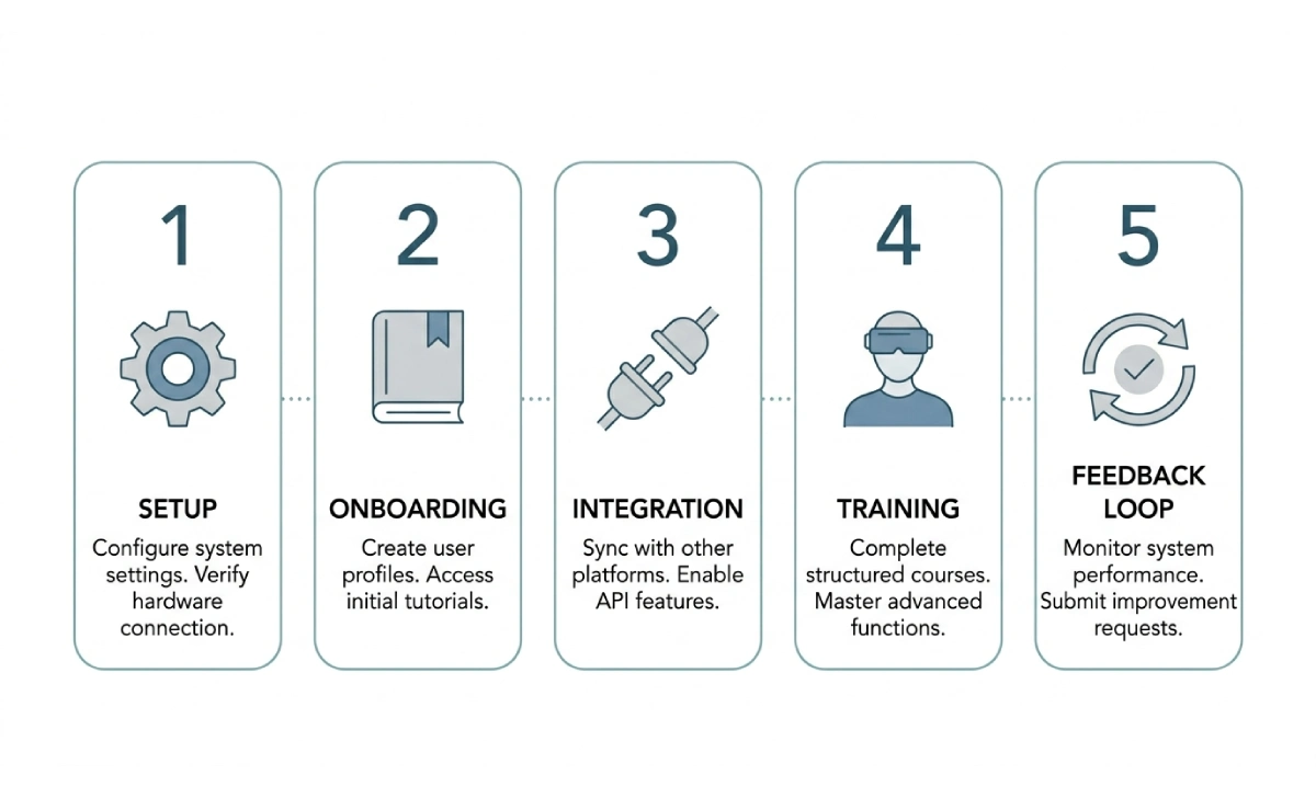 Five-step Erpoz implementation process: setup, onboarding, integration, training, and feedback loop
