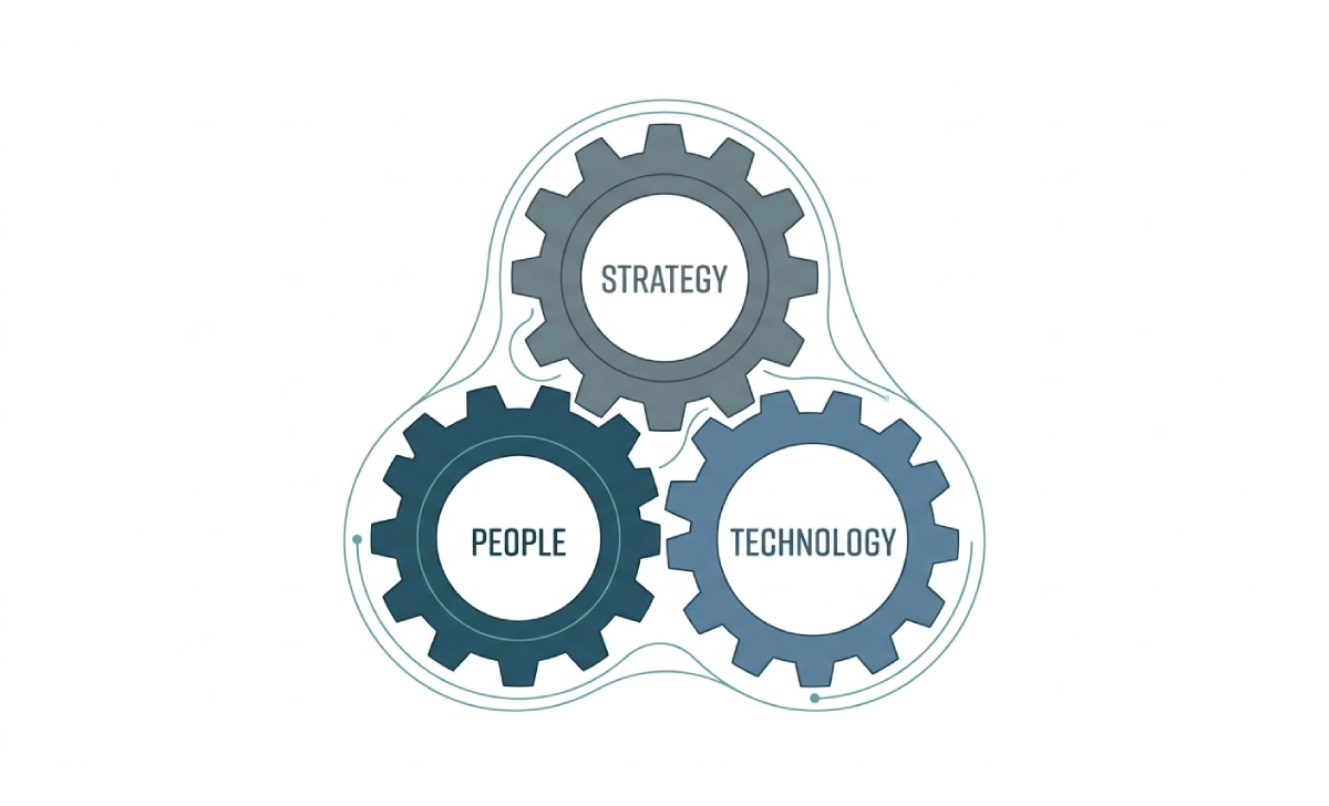 Diagram showing strategy, people, and technology connected as three aligned gears