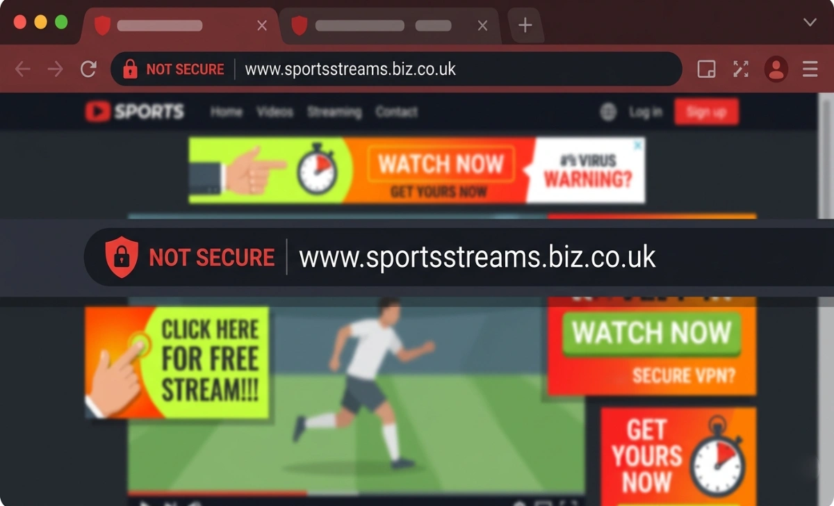 Browser showing a fake Crackstreamz clone site URL with a not secure warning and pop-up ads
