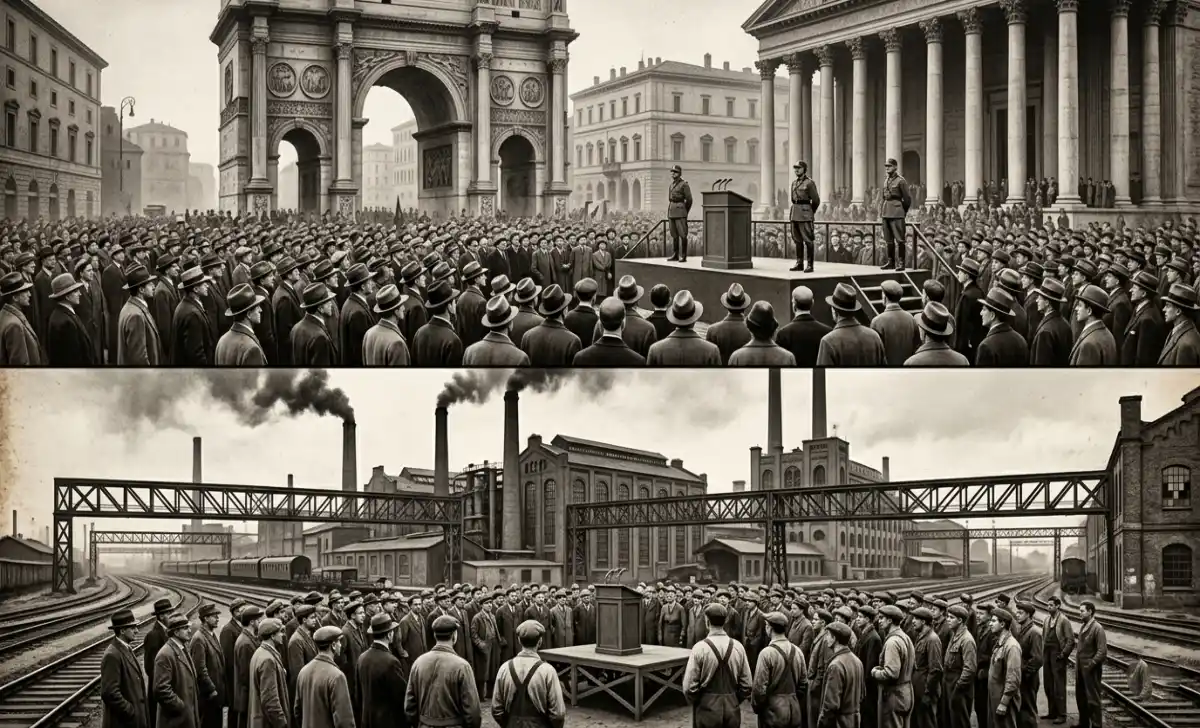 Side-by-side editorial illustration comparing Italian fascism and German Nazism as distinct movements within fascisterne history