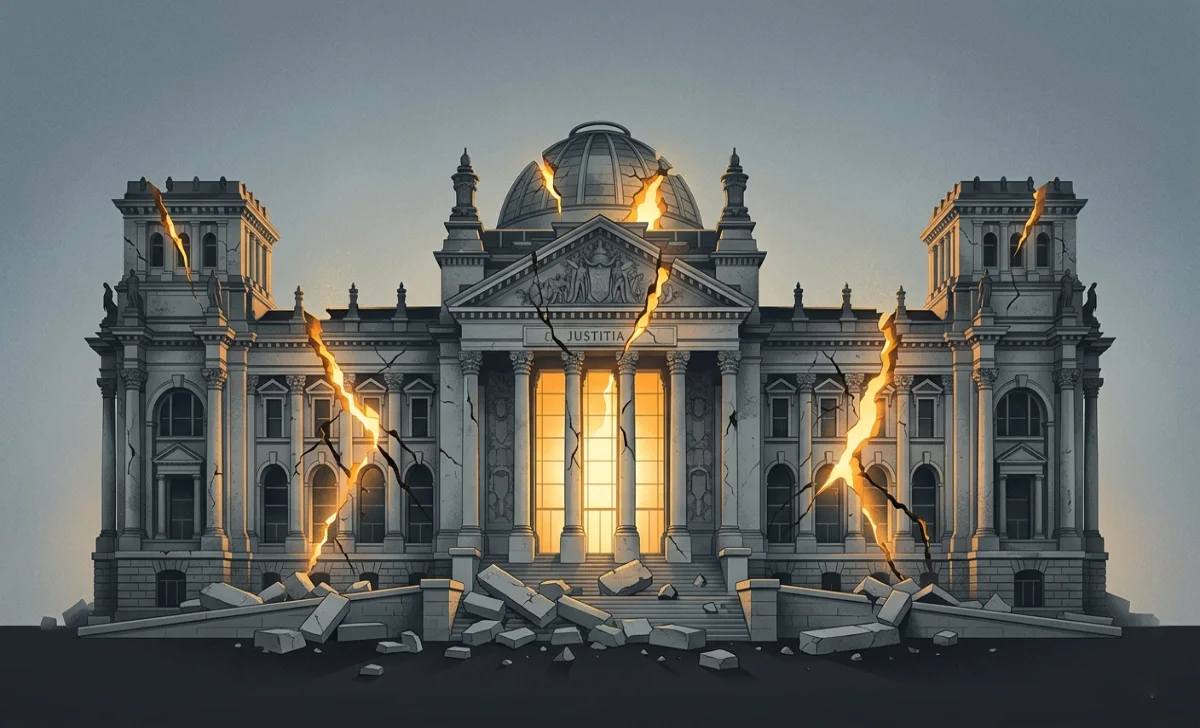 Conceptual illustration of a cracked government building representing democratic erosion, relevant to understanding fascisterne warning signs today