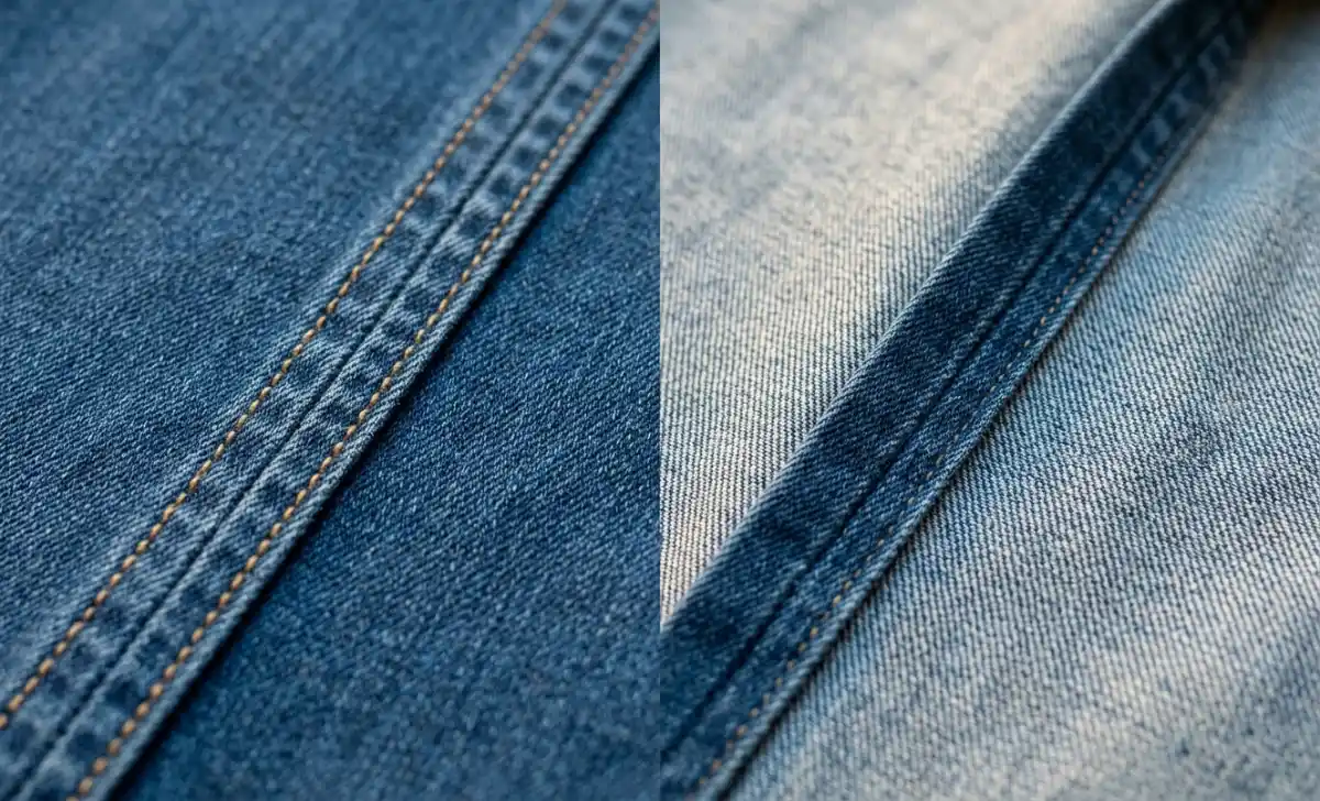 Flat felled seam on denim showing two parallel rows of topstitching on the outside and a clean, raw-edge-free finish on the inside