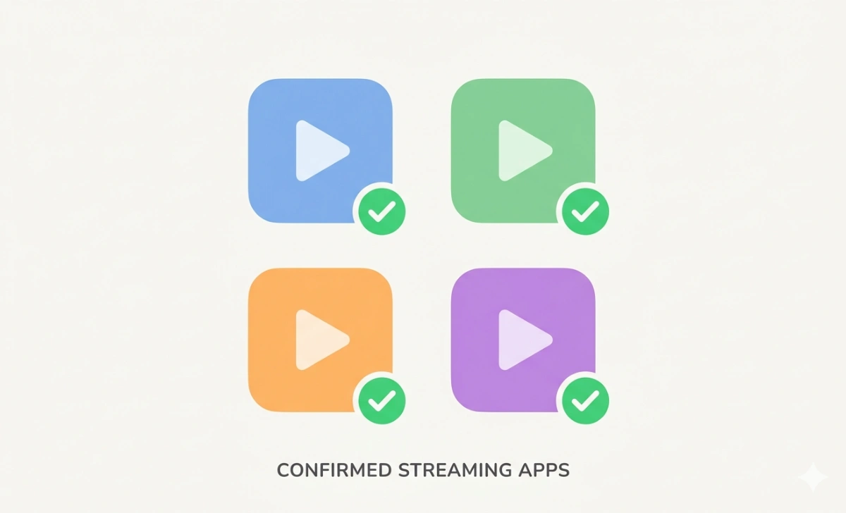 Four safe and legal free streaming platform icons with green checkmarks as alternatives to Crackstube