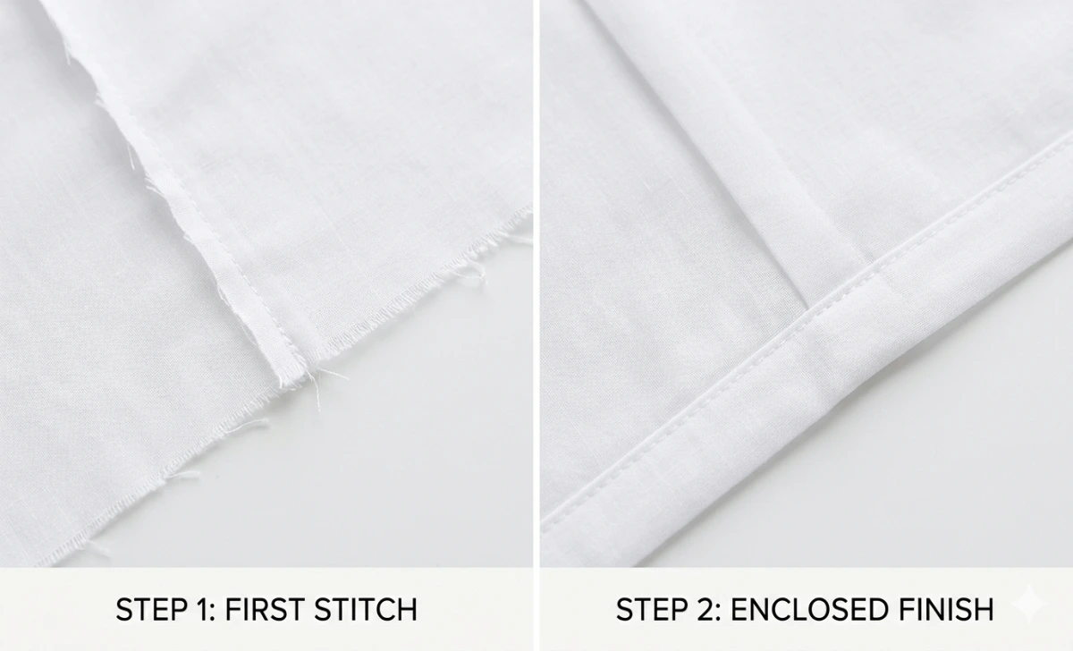 Two-step French seam construction showing wrong sides together first, then the finished enclosed seam with no raw edges