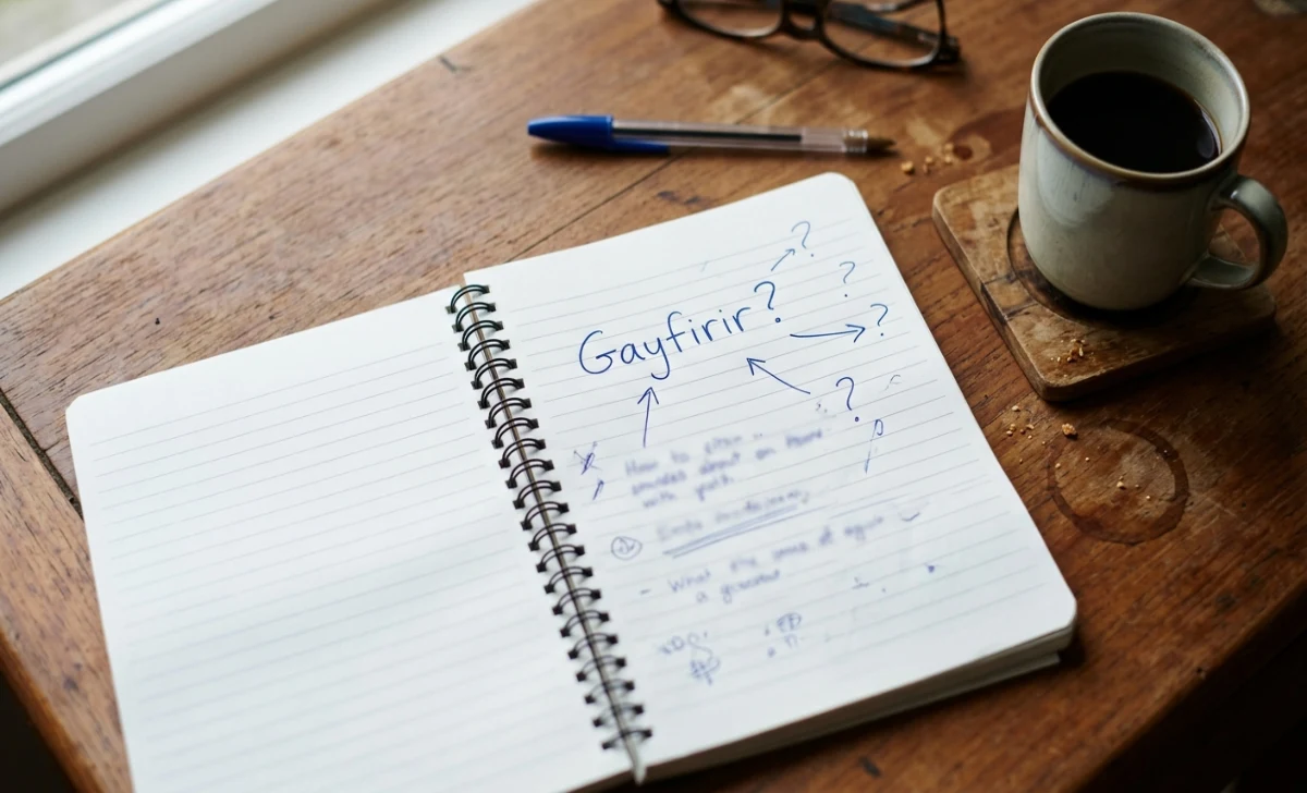 Notebook with the word Gayfirir written by hand representing curiosity about its origin and meaning