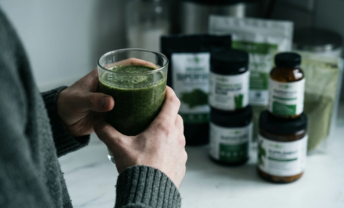 Hands holding a green smoothie glass with supplement powder and product labels in the background