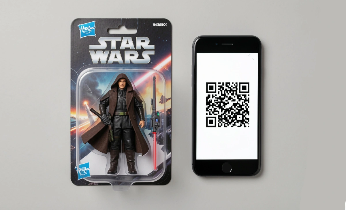 Hasbro Star Wars toy packaging with QR code next to a smartphone scanning screen to unlock FX Maker effects